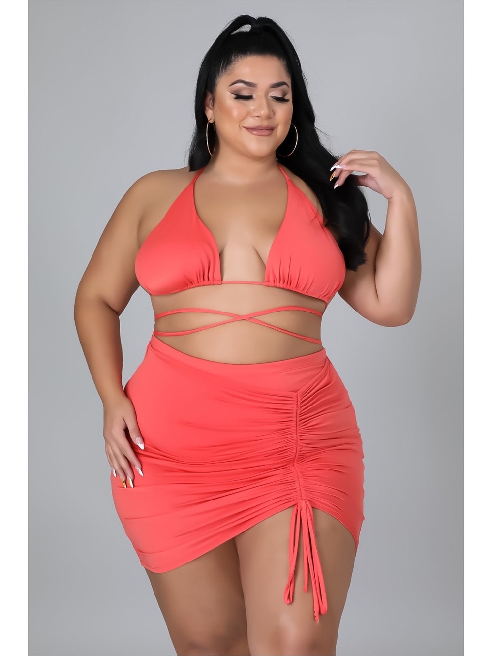 Plus Size Coral Wrap Bikini and Coverup Set